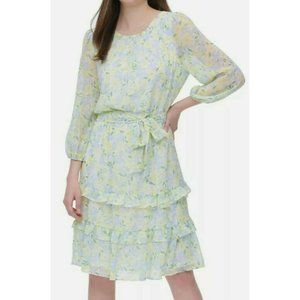 Calvin Klein Floral Print Dress Size XL  Waist Tie NWT $139 Lined Tiered Ruffles